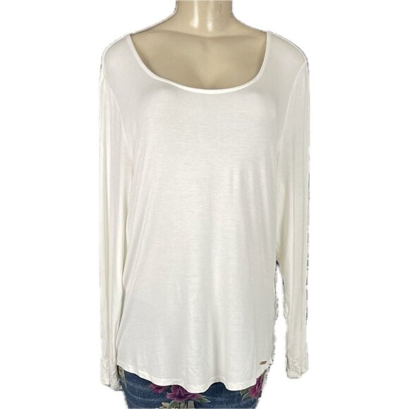 Calvin Klein XL Eggshell Semi-Sheer Scoop Neck Logo Bar Rayon Long Sleeve Top - Picture 2 of 6